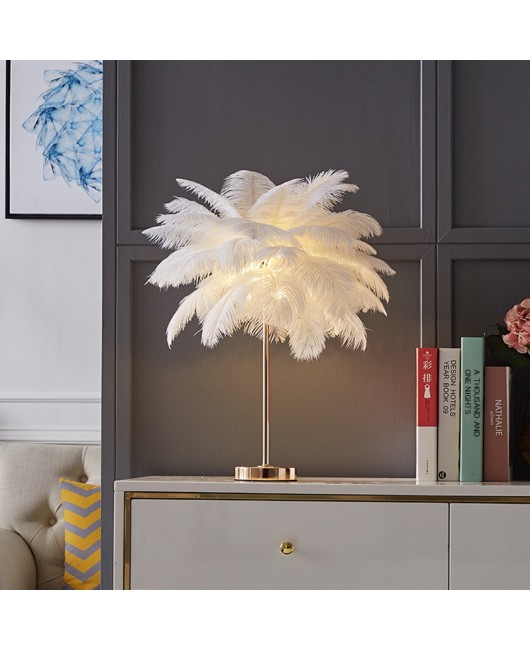 Feather desk lamp ins, romantic and warm bedroom lamp for girls, wedding room, internet red light, coconut tree, ostrich feather floor lamp