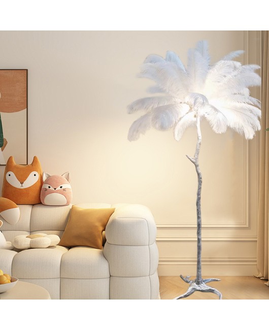 Floor lamp, high-end living room feel, cream style feather lamp, Nordic bedroom decoration atmosphere lamp, feather floor lamp, cross-border