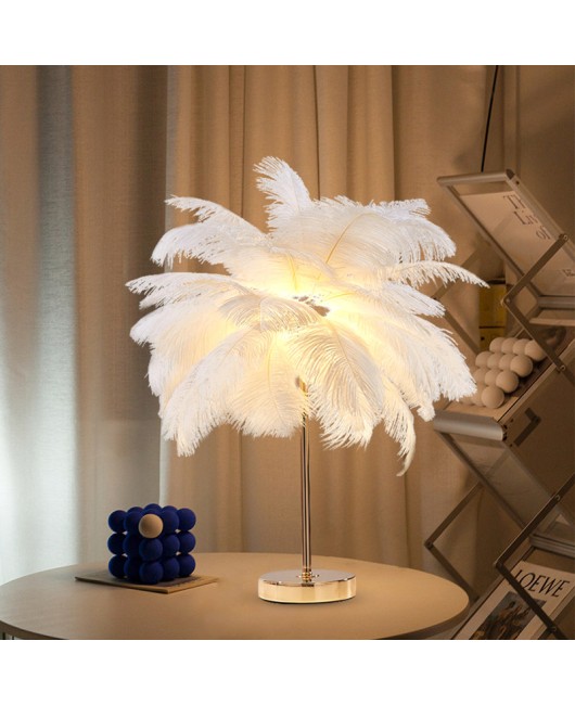 Feather desk lamp ins, romantic and warm bedroom lamp for girls, wedding room, internet red light, coconut tree, ostrich feather floor lamp