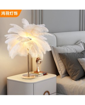 Feather desk lamp ins, romantic and warm bedroom lamp for girls, wedding room, internet red light, coconut tree, ostrich feather floor lamp