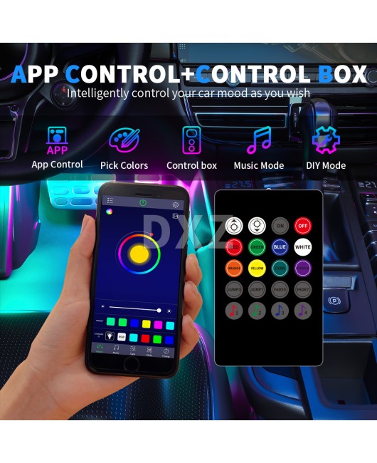 DXZ APP voice controlled car LED ambient light foot ambient light RGB seven color voice controlled 9-light one to four 36LED